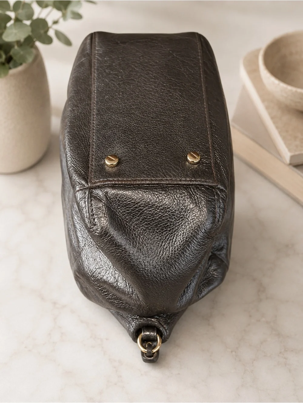 Henri Bendel Metallic Gunmetal Leather Satchel | Navy Satin Lining | Hangtag